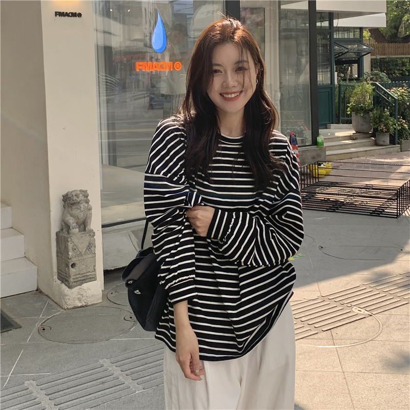 เสื้อกันหนาวแขนยาวลําลอง ทรงหลวม ลายทาง สไตล์วินเทจ แฟชั่นฤดูใบไม้ร่วง สําหรับผู้หญิง