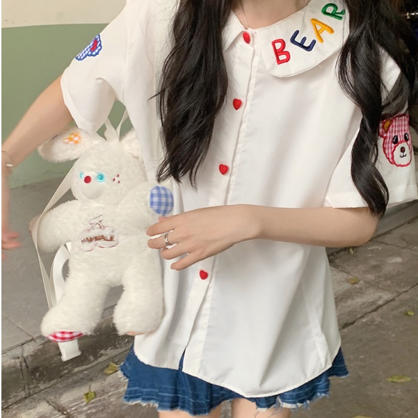 Rommers เสื้อเชิ้ตแขนสั้น คอตุ๊กตา ปักลายหมีน่ารัก สีขาว สไตล์วินเทจ ราคา ถูกที่สุด ดีลบีเคเค แกลเลอรีภาพที่ 2