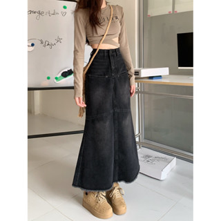 Sharon Black denim skirt, womens new summer high waisted slim wrap hip skirt, fishtail skirt, A-line long skirt