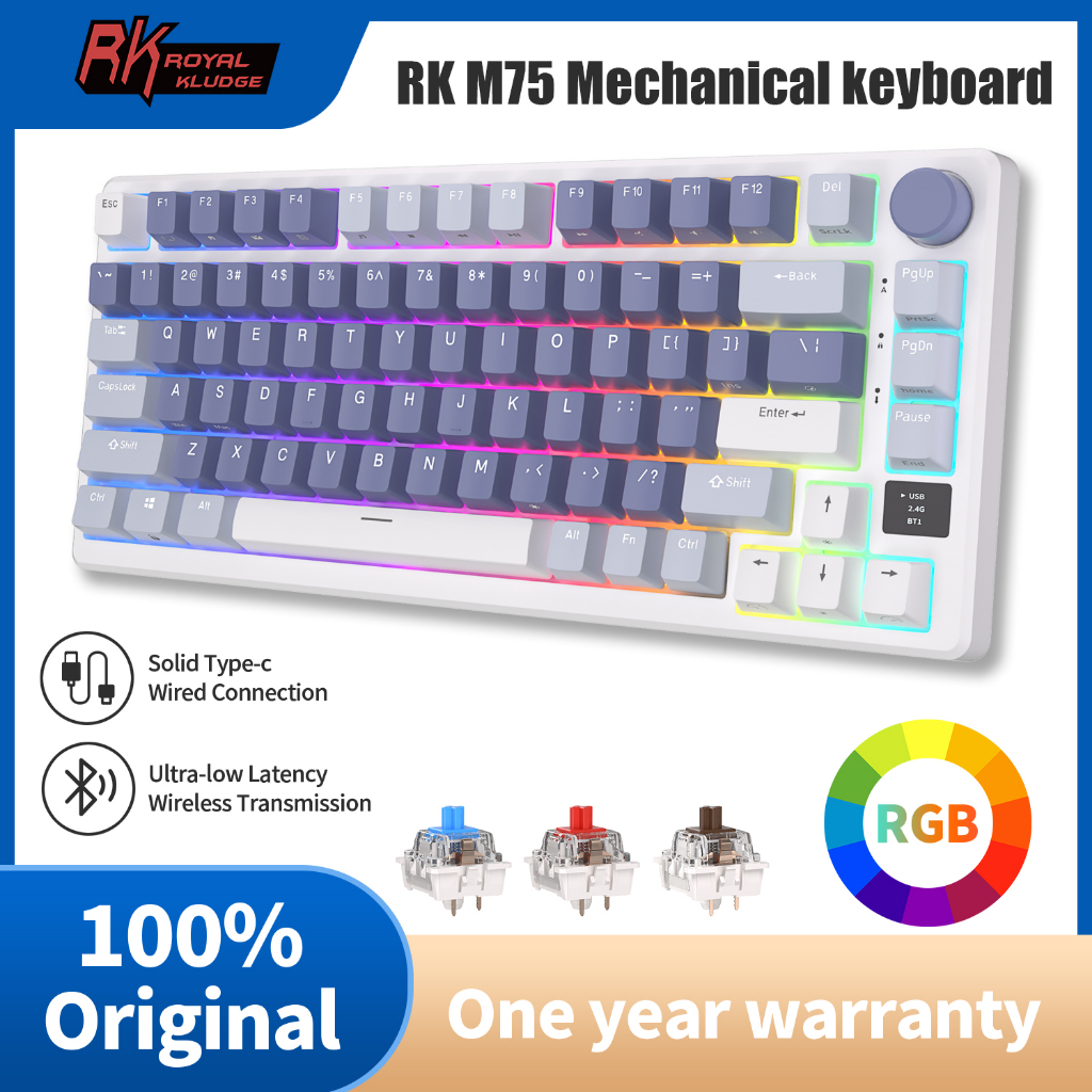 Rk Royal Kludge RK M75 75% RGB Hotswap 3 โหมด คีย์บอร์ดเมคคานิคอล 2.4GHz ไร้สาย บลูทูธ USB-C มีสาย ส
