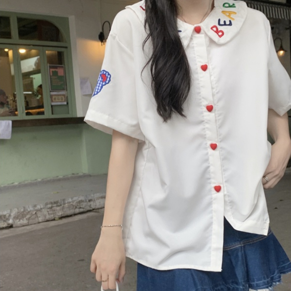 Rommers เสื้อเชิ้ตแขนสั้น คอตุ๊กตา ปักลายหมีน่ารัก สีขาว สไตล์วินเทจ ราคา ถูกที่สุด ดีลบีเคเค แกลเลอรีภาพที่ 7
