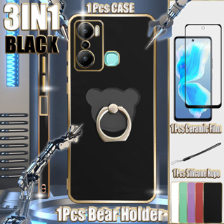 3 In 1 เคสเคลือบไฟฟ้า ขอบตรง พร้อมฟิล์มเซรามิค และสายคล้อง และที่จับ สําหรับ Infinix Hot 20 Play X6825