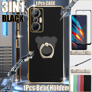 3 In 1 เคสเคลือบไฟฟ้า ขอบตรง พร้อมฟิล์มเซรามิค และสายคล้อง และที่จับ สําหรับ Infinix Hot 20s X6827