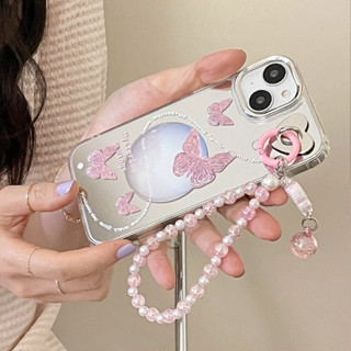 เคสกระจก ลายผีเสื้อน่ารัก พร้อมสายคล้อง ถอดออกได้ สําหรับ iPhone 14 13 12 11 Pro Max