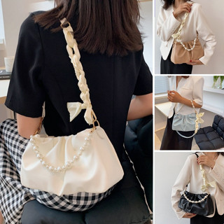 [พร้อมส่ง] กระเป๋าสะพายไหล่ ลําลอง สําหรับสตรี ทรงเกี๊ยว แบบเรียบ ใส่ใต้วงแขนได้ กระเป๋าถือหนัง สายประดับไข่มุก สําหรับสตรี