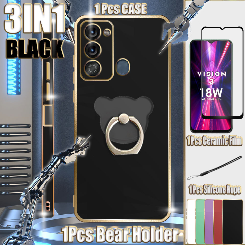 3 In 1 สําหรับ Itel Vision 3 S661L S17 Straight Edge Electroplated Case พร้อมฟิล์มเซรามิคและผู้ถือแล
