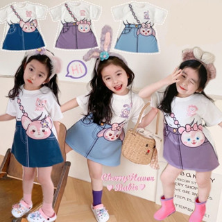 ใหม่ ชุดเดรสเสื้อยืดลําลอง พิมพ์ลายกระต่าย Stella Lou น่ารัก แฟชั่นฤดูร้อน สําหรับเด็กผู้หญิง สองชิ้น