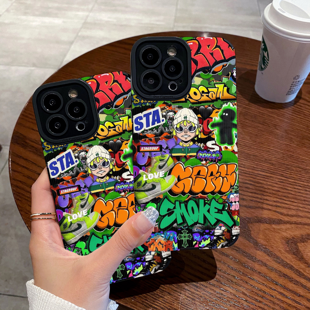 เคส iphone hone 11 12 13 14 15 plus Pro Max iphoneX Xr Xs Max 7 8 6s pius Chaopai สี Graffiti นุ่มกันกระแทกหนังแกะเคสโทรศัพท์