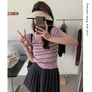 เสื้อครอปท็อปแขนสั้น ผ้าถัก คอสี่เหลี่ยม เข้ารูป ลายทาง สไตล์เกาหลี แฟชั่นฤดูร้อน สําหรับผู้หญิง มี 7 สี