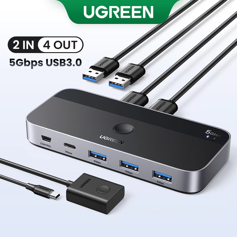 UGREEN USB KVM Switch USB 3.0 Switcher KVM สําหรับ PC Keyboard Mouse Printer 2 PCs Sharing 4 อุปกรณ์ USB Switch
