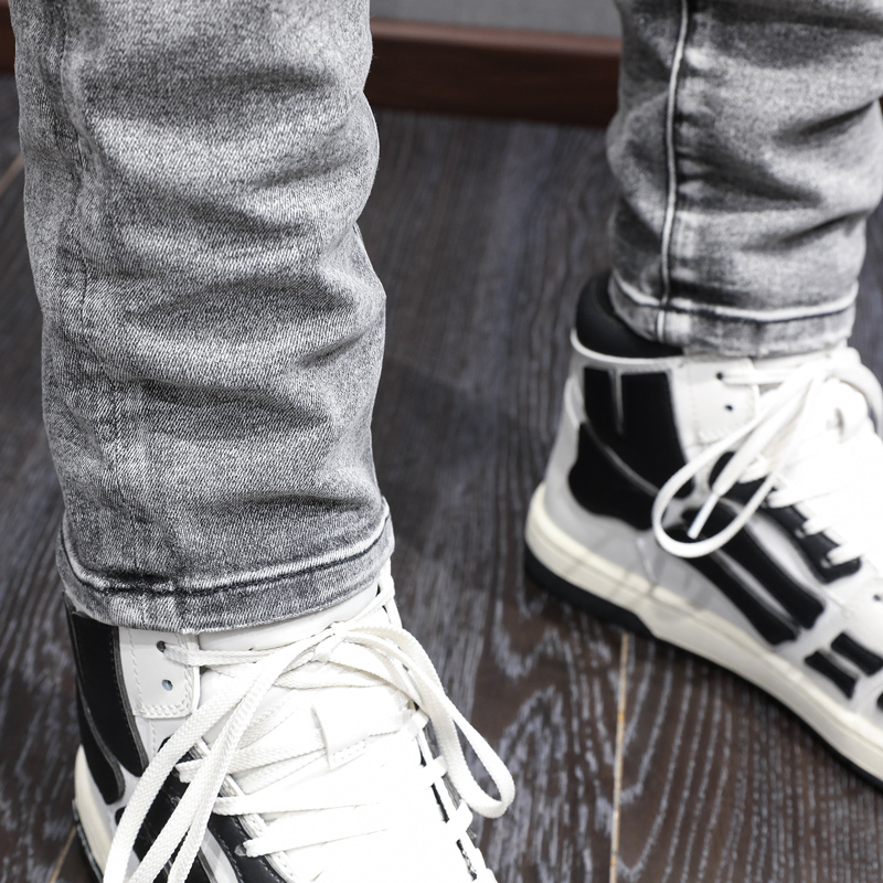 TRENDAMIRI High Street Fashion Men Jeans Vintage Smoke Grey Tight Leather Patch Elastic Casual Trend Men Jeans - รูปที่ 7