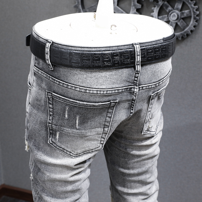 TRENDAMIRI High Street Fashion Men Jeans Vintage Smoke Grey Tight Leather Patch Elastic Casual Trend Men Jeans - รูปที่ 4