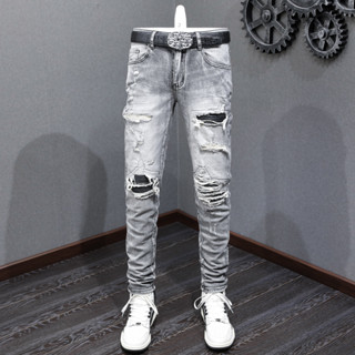 TRENDAMIRI High Street Fashion Men Jeans Vintage Smoke Grey Tight Leather Patch Elastic Casual Trend Men Jeans