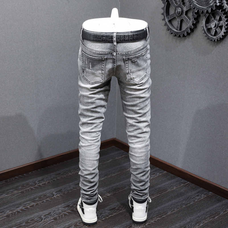 TRENDAMIRI High Street Fashion Men Jeans Vintage Smoke Grey Tight Leather Patch Elastic Casual Trend Men Jeans - รูปที่ 2