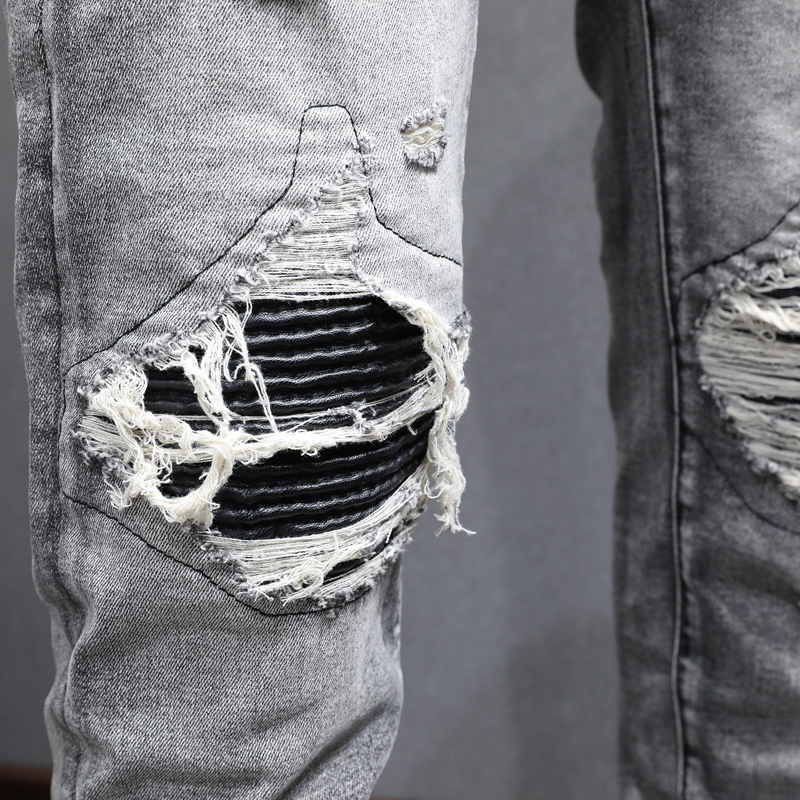 TRENDAMIRI High Street Fashion Men Jeans Vintage Smoke Grey Tight Leather Patch Elastic Casual Trend Men Jeans - รูปที่ 5