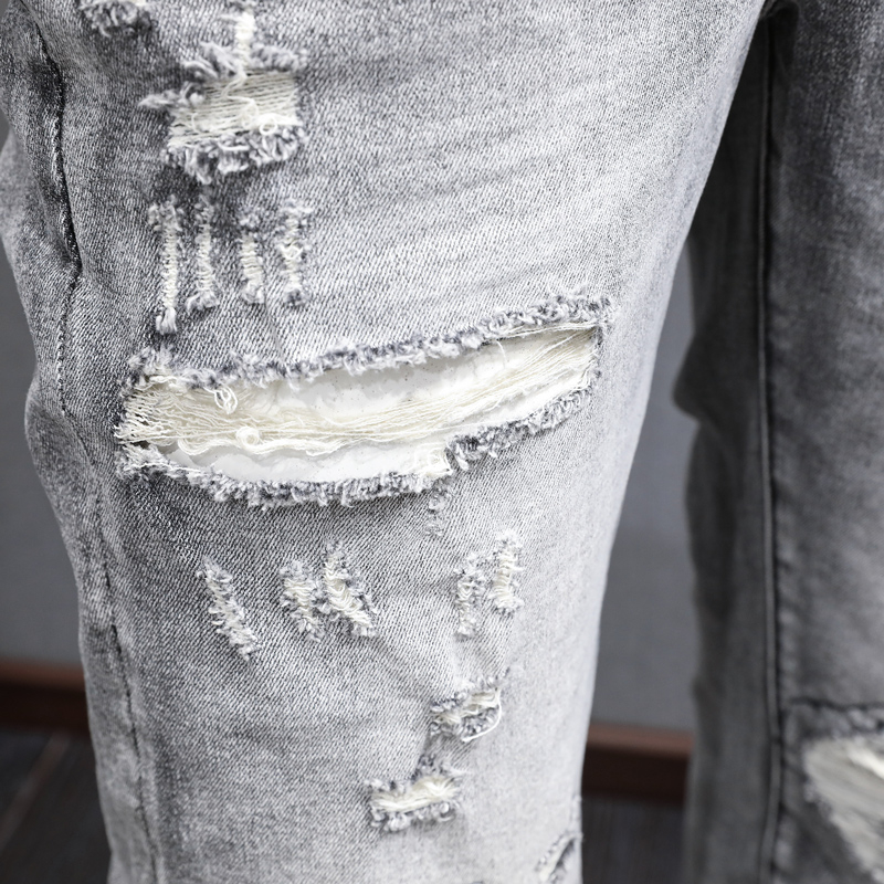 TRENDAMIRI High Street Fashion Men Jeans Vintage Smoke Grey Tight Leather Patch Elastic Casual Trend Men Jeans - รูปที่ 6