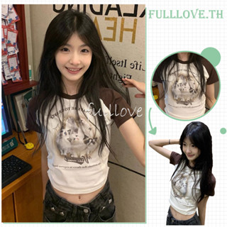 Fulllove เสื้อยืดครอป เสื้อยืดแขนสั้น พิมพ์ลายแมวน่ารัก ผ้ายืด สําหรับผู้หญิง y2k crop top