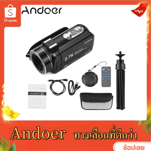 Andoer กล้องบันทึกวิดีโอดิจิทัล 2.7K DV 48MP ซูมได้ 16X แผงสัมผัส IPS ขนาด 3.0 นิ้ว รองรับการตรวจจับใบหน้า ใบหน้ายิ้ม กันสั่น พร้อมแบตเตอรี่ 2 ชิ้น