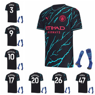 เสื้อกีฬาแขนสั้น ลายทีมฟุตบอล Manchester City Second Away Haaland De Bruyne Grealish Mahrez Foden Ruben Dias ปี 2023-24