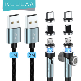 Kuulaa 3 in 1 หมุนได้ แม่เหล็ก สายชาร์จ ไนลอน ทนทาน ชาร์จเร็ว แม่เหล็ก สายชาร์จ Micro USB Type C สายเคเบิลโทรศัพท์มือถือ 540° สายไฟ สําหรับ iPhone Xiaomi