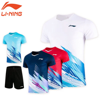 LI NING เสื้อกีฬาแบดมินตันแขนสั้น ระบายอากาศได้ดี แบบแห้งเร็ว สําหรับผู้ชาย และผู้หญิง