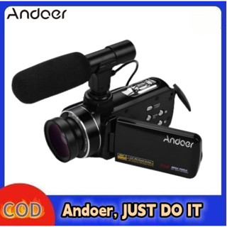 Andoer กล้องบันทึกวิดีโอดิจิทัล 4K เซนเซอร์ CMOS พร้อมเลนส์มุมกว้าง 0.45X พร้อมเมาท์ขาตั้งไมโครโฟนมาโครสเตอริโอ 3.0 นิ้ว IPS