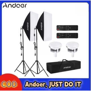 Andoer ชุดไฟซอฟท์บ็อกซ์ถ่ายภาพสตูดิโอ พร้อมไฟ LED อุณหภูมิสองสี 85W 2800K-5700K ซอฟท์บ็อกซ์ 2 + 50x70 ซม. * ขาตั้งไฟ 2 + 2M * 2 + รีโมตคอนโทรล