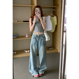 Washed blue loose brimmed denim straight tube floor mop pants for girls wide pants