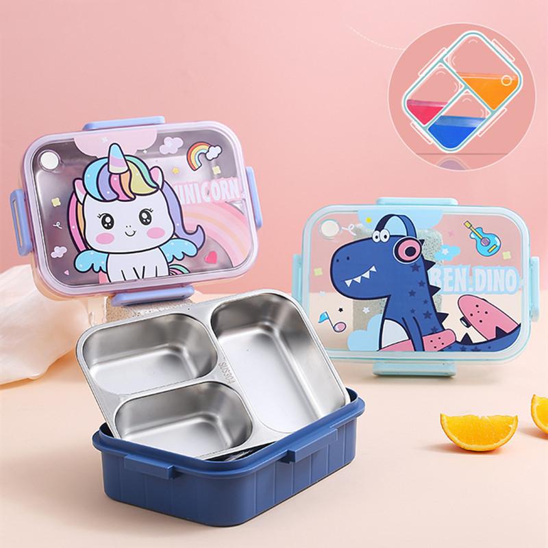 800ml การ์ตูนสแตนเลส 304 กล่องอาหารกลางวันพร้อมช้อนเด็ก Leak-Proof Bento กล่องนักเรียนโรงเรียนสํานักงานภาชนะบรรจุอาหาร