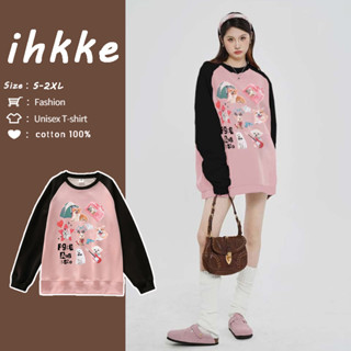 ihkke เสื้อกันหนาวแขนยาว คอกลม เปิดไหล่ สไตล์อเมริกัน