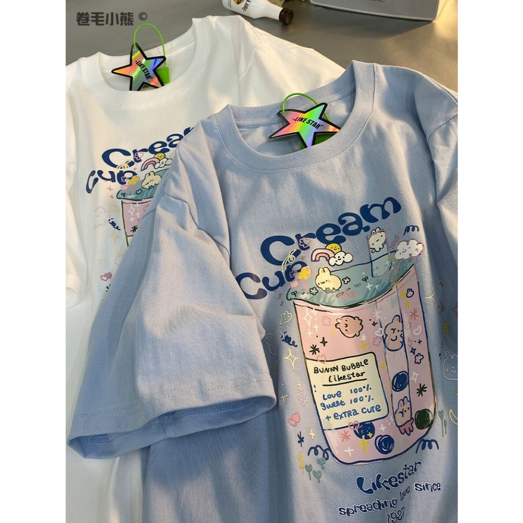 [L-4XL] เสื้อยืดแขนสั้น ทรงหลวม ขนาดใหญ่ สีฟ้า สไตล์อเมริกัน สําหรับผู้หญิง