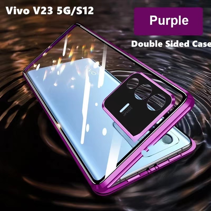 เคสโทรศัพท์มือถือแบบแก้ว ฝาพับแม่เหล็ก สองด้าน 360 องศา สําหรับ Vivo V23 5G V20 Pro Vivo Y36 Y27 Y78 Y55S Y72T° เคสแข็ง ป้องกัน