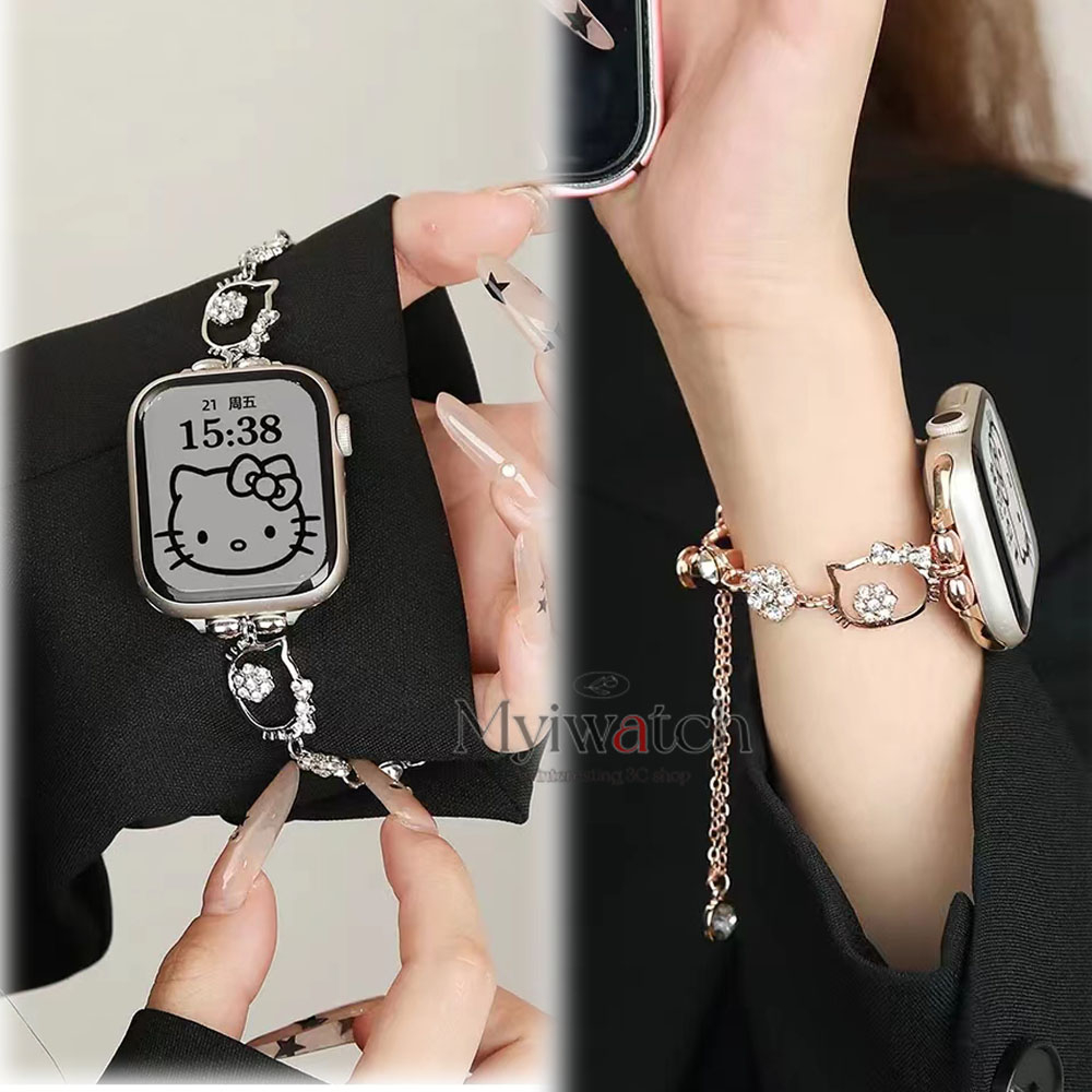 เพชรหรูหรา kitty สายโซ่โลหะ สําหรับ iwatch 49/46/45/44/41 มม.40 มม.38 มม.42 มม.การ์ตูน retractable chain band สําหรับ iwatch series 11 10 9 S8 7 6 SE 5 4 3 2 1