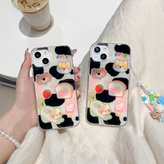 เคสโทรศัพท์มือถือ ลายการ์ตูนวัว แมว สุนัข พร้อมสายโซ่ลูกปัด สําหรับ iPhone 14Pro max case 13Pro max 12Pro max 14Pro 13Pro 12Pro 11 12 13 14 case