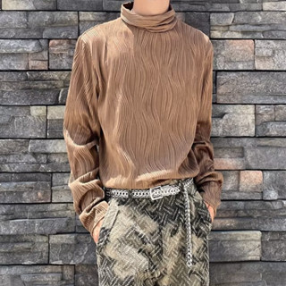 เสื้อยืดแขนยาวลําลอง คอสูง ทรงหลวม ลายคลื่น แฟชั่นฤดูใบไม้ร่วง สไตล์เกาหลี สําหรับผู้ชาย ไซซ์ M - 3XL