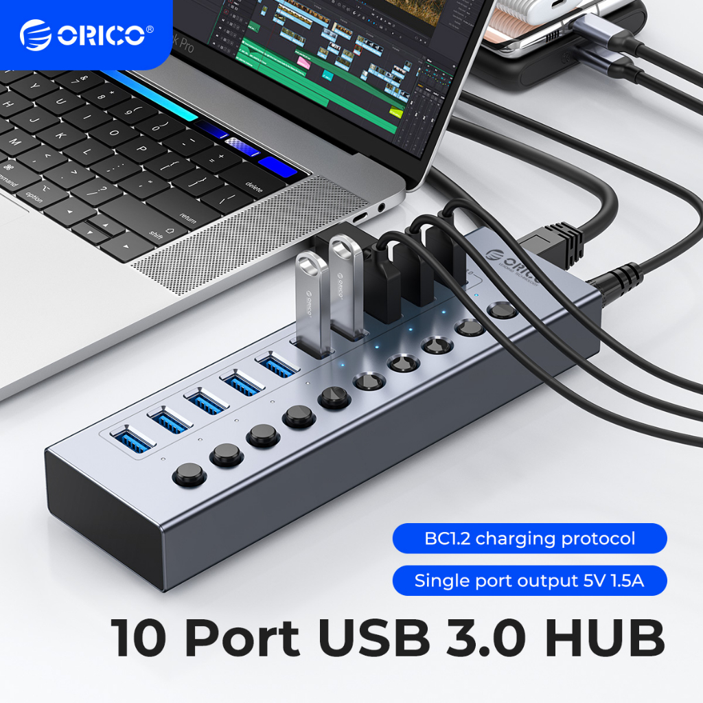 Orico อุตสาหกรรม USB 3.0 HUB 7/10/13/16 อลูมิเนียม USB Splitter เปิด/ปิดสวิทช์ 12V Power Adapter รองรับการชาร์จสําหรับคอมพิวเตอร์ (BT2U3)