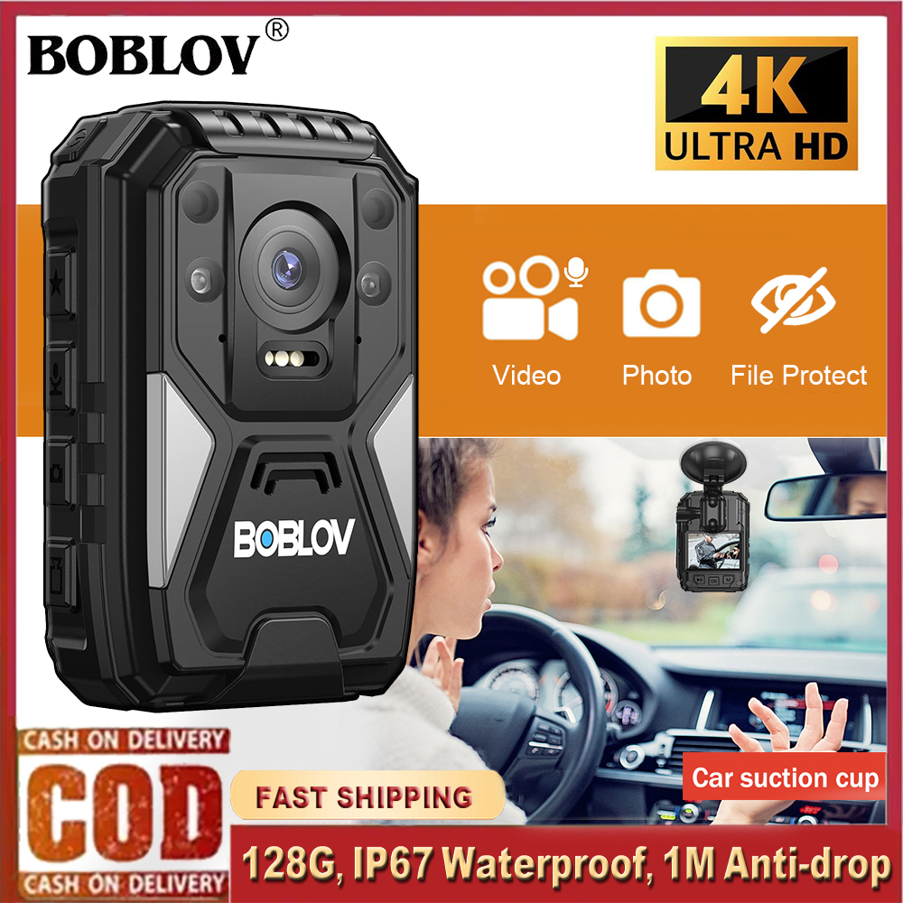 BOBLOV B4K4 4K สวมใส่กล้อง GPS Dashcam, HD 2160P 128GB เครื่องบันทึกวิดีโอ 15 ชั่วโมงการถ่ายภาพวิดีโอกล้องตํารวจ BodyCam กันน้ําชาร์จเร็วพร้อมแท่นชาร์จและรถดูด