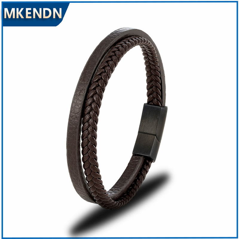 Mkendn Minimalist Men Double Strand สร้อยข้อมือหนังทอสีดําด้านสแตนเลสหัวเข็มขัดอุปกรณ์เสริมเครื่องประดับทําด้วยมือ MKENDN Minimalist Men Double Strand หนังทอ