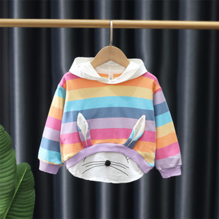 เสื้อแขนยาว ลายทาง สีสันสดใส พร้อมหมวก ลายการ์ตูน แฟชั่นฤดูใบไม้ร่วง สําหรับเด็กผู้หญิง อายุ 0-3 ปี