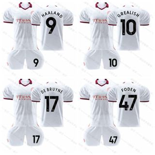 เสื้อกีฬาแขนสั้น ลายทีมฟุตบอล Manchester City Away Haaland De Bruyne Foden Grealish 2023-24 ชุดเยือน สําหรับเด็ก และผู้ใหญ่