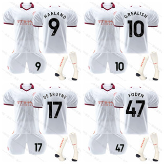 เสื้อกีฬาแขนสั้น ลายทีมฟุตบอล Manchester City Away Haaland De Bruyne Foden Grealish 2023-24 ชุดเยือน สําหรับเด็ก และผู้ใหญ่