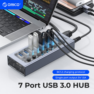 ORICO อุตสาหกรรม USB3.0 HUB 7/10/13/16 อินเทอร์เฟซ อลูมิเนียม อะแดปเตอร์ แหล่งจ่ายไฟ 24W รองรับการชาร์จหลายอุปกรณ์（AT2U3)