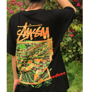 STUSSY เสื้อยืดแขนสั้น ขนาดใหญ่ สีขาว และสีดํา สําหรับผู้ชาย และผู้หญิง