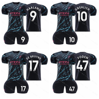 เสื้อกีฬาแขนสั้น ลายทีมฟุตบอล Manchester City Second Away Haaland De Bruyne Foden Grealish 2023-24 ชุดเยือน สําหรับเด็ก และผู้ใหญ่