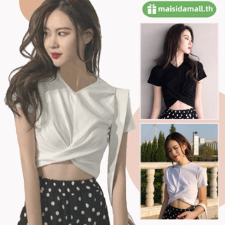 🔥ส่งไวจาก🔥MSD เสื้อครอปคอกลมแขนสั้น แต่งชายเสื้อเก๋ๆcrop top