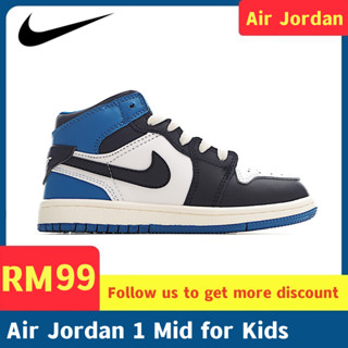 Air Jordn Mid Kids รองเท้าบาสเก็ตบอล สีขาว สีฟ้า สําหรับเด็กผู้ชาย ผู้หญิง รองเท้าวิ่ง รองเท้าคัทชูสูง สําหรับเด็กผู้หญิง