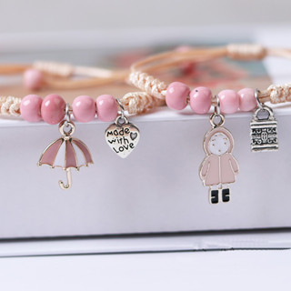 สร้อยข้อมือ เชือกถัก แฮนด์เมด สีชมพู ตัวอักษร Made With Love Little Girl Lock Charms เครื่องประดับ ของขวัญมิตรภาพ