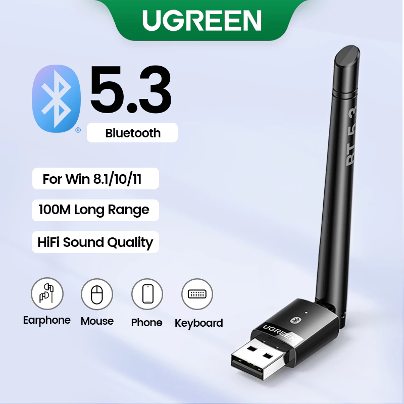 Ugreen อะแดปเตอร์รับส่งสัญญาณบลูทูธไร้สาย 5.3 USB ระยะไกล 100 เมตร สําหรับเมาส์ คีย์บอร์ด หูฟัง ลําโพง Win11