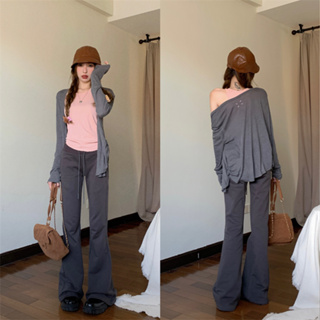 Long sleeved cardigan jacket slimming vest slightly flared straight tube casual pants set