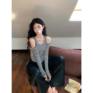 Han Suxis Slim Fit Slim Off Shoulder Striped Long Sleeve T-shirt Small Sexy Top